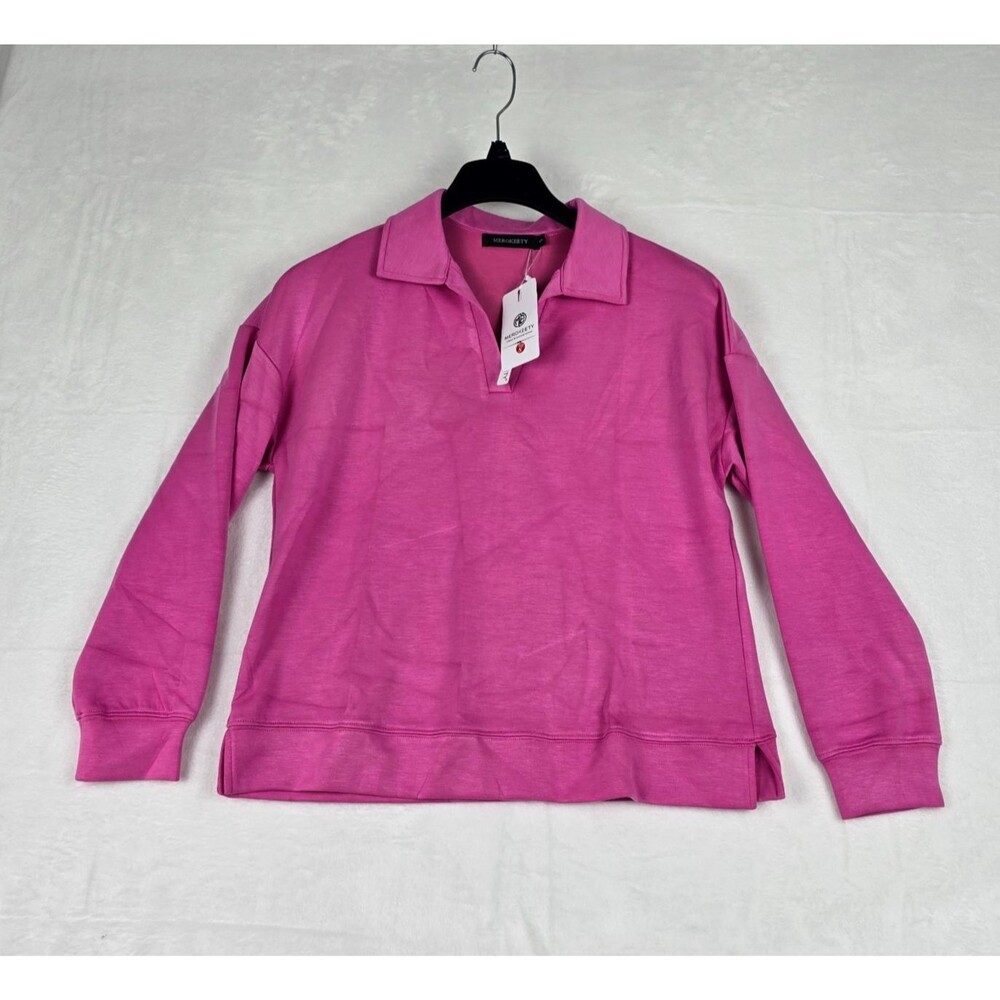 MEROKEETY Long Sleeve Sweatshirt Women’s Small Pink V-Neck Collard Stretch